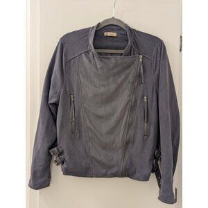 Democracy Womens Asymmetrical Faux Suede Jacket 1X Gray With Buckle Accents & Pe